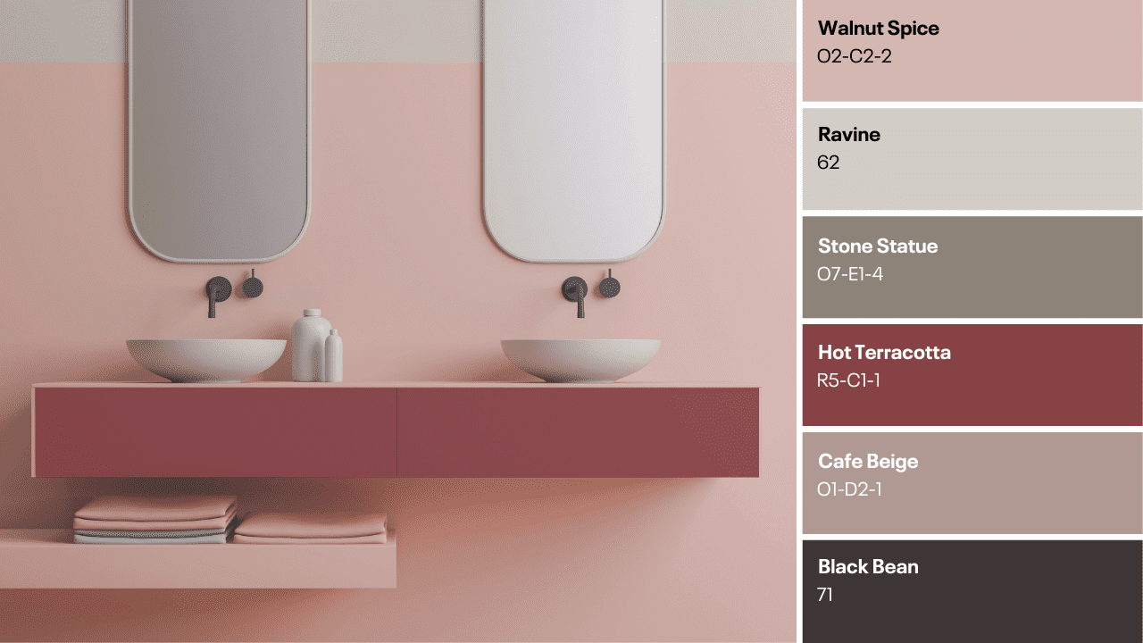 Walnut Spice | Ravine | Stone Statue | Hot Terracotta | Cafe Beige | Black Bean