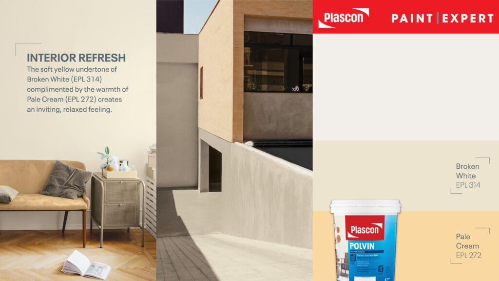 Plascon Polvin Broken White (EPL314) and Plascon Polvin Pale Cream (EPL272) painted on interior and exterior walls