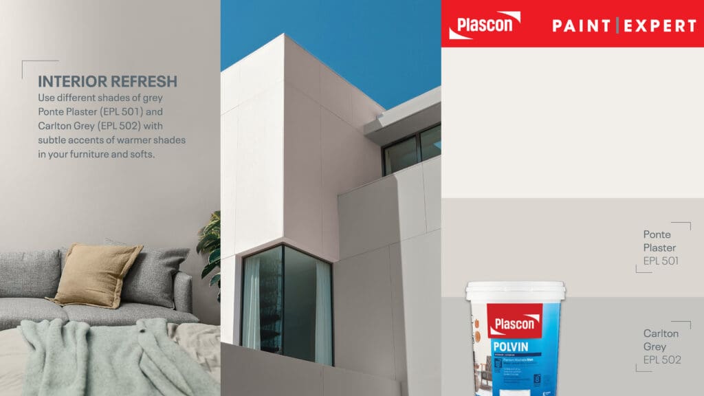 Plascon Polvin Ponte Plaster (EPL501) and Plascon Carlton Grey (EPL502)