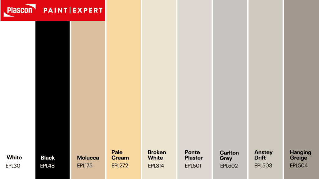 Plascon Polvin Standard Colour Card
White, Black, Molucca, Pale Cream, Broken White, Ponte Plaster, Carlton Grey, Anstey Drift, Hanging Greige