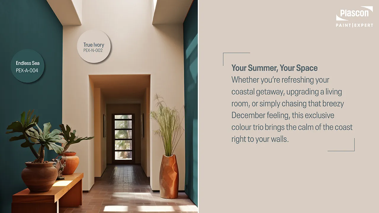 Entrance hall painted in True Ivory and Endless Sea, accented with natural textures to create a modern South African coastal-inspired interior.