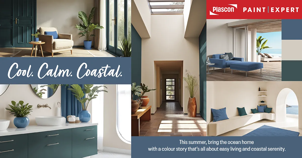 Bedroom painted in True Ivory, Delft and Endless Sea, decorated with natural textures, showcasing Plascon Paint Expert's Cool Calm Coastal colour palette for South African homes.